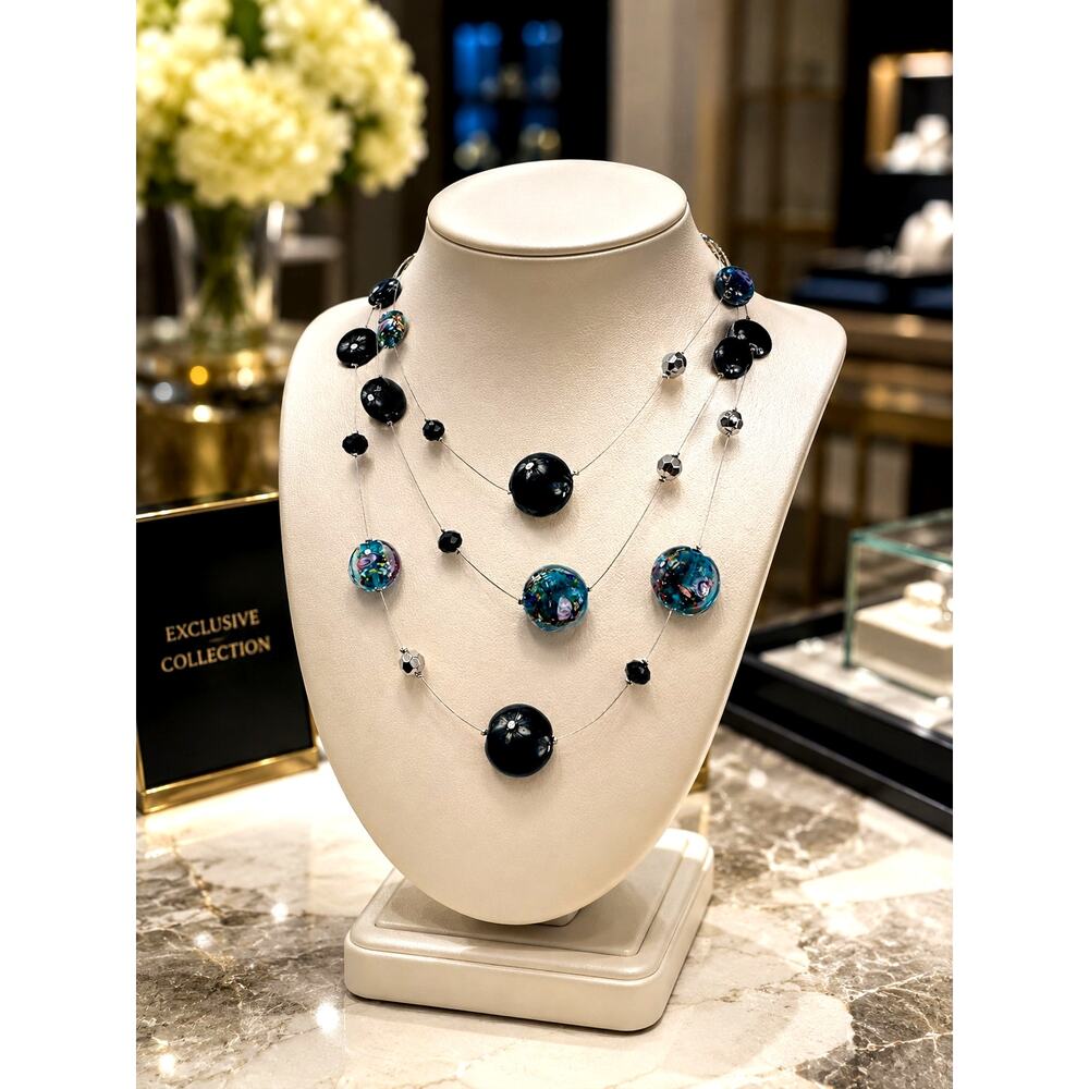 Murano Inspired Lampwork Glass Crystal Necklace 16"